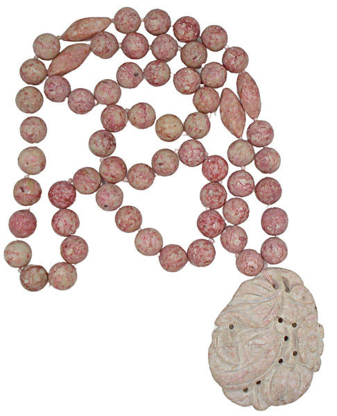 Rhodonite? Pinks Vintage Beaded Necklace Knotted Carved Floral Pendant