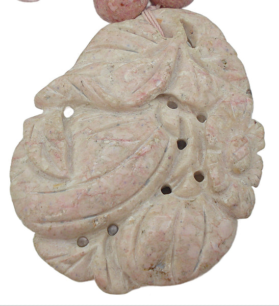 Rhodonite? Pinks Vintage Beaded Necklace Knotted Carved Floral Pendant
