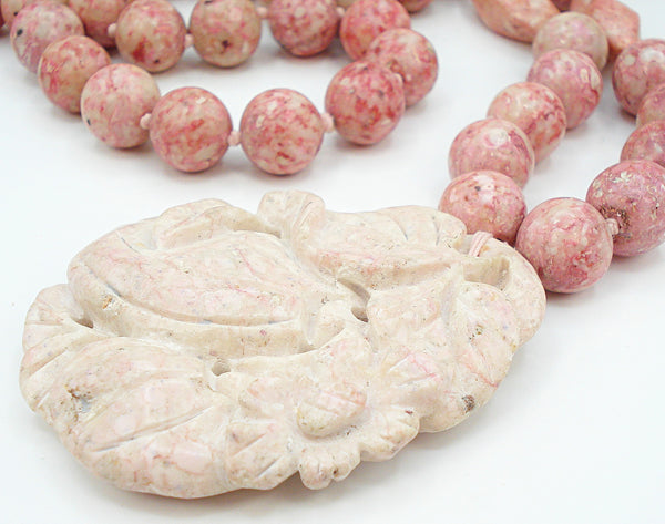 Rhodonite? Pinks Vintage Beaded Necklace Knotted Carved Floral Pendant