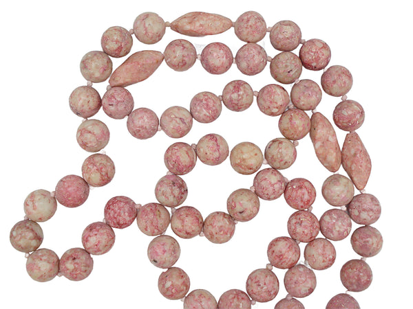 Rhodonite? Pinks Vintage Beaded Necklace Knotted Carved Floral Pendant