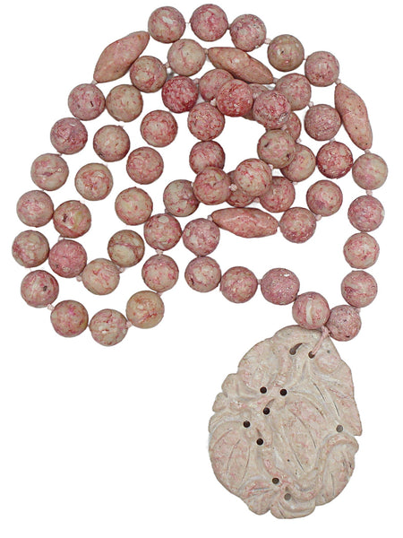 Rhodonite? Pinks Vintage Beaded Necklace Knotted Carved Floral Pendant