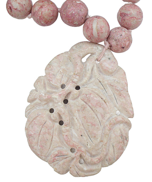 Rhodonite? Pinks Vintage Beaded Necklace Knotted Carved Floral Pendant