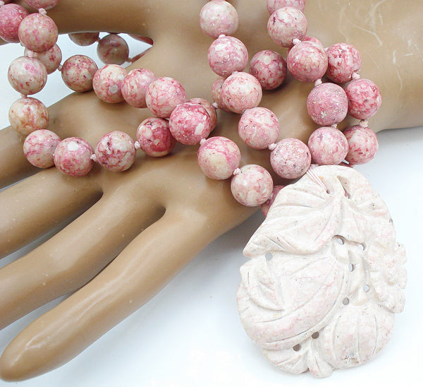 Rhodonite? Pinks Vintage Beaded Necklace Knotted Carved Floral Pendant