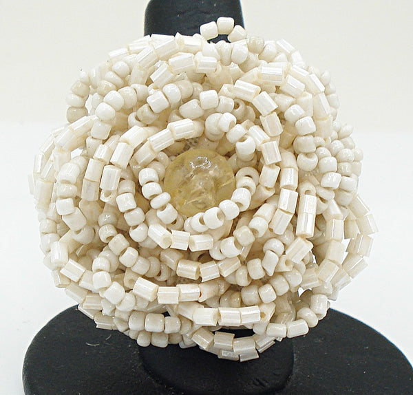 Vintage Statement Seed Bead Flower Ring Off White Glass