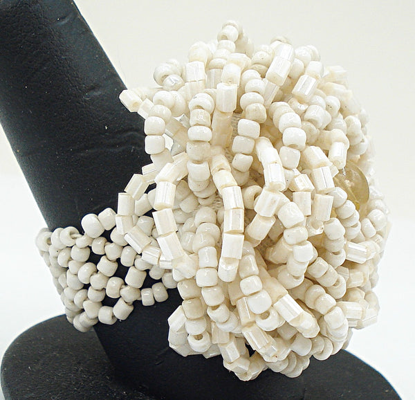 Vintage Statement Seed Bead Flower Ring Off White Glass