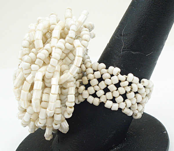 Vintage Statement Seed Bead Flower Ring Off White Glass