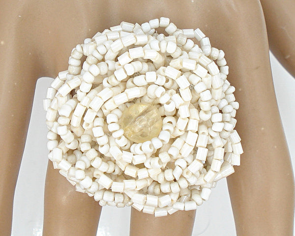 Vintage Statement Seed Bead Flower Ring Off White Glass