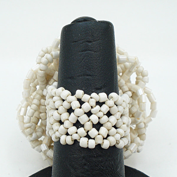 Vintage Statement Seed Bead Flower Ring Off White Glass