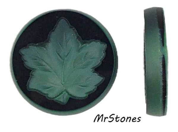 22mm (1684) Black Green Maple Leaf Intaglio Round Glass Stone