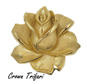 Crown Trifari Bold Rose Brooch Dimensional Gold Tone 2"