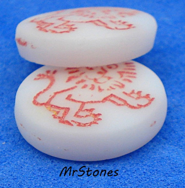 11mm (2194) White Indented Red Lion Round Disc Cabochon West Germany 3mm Thick