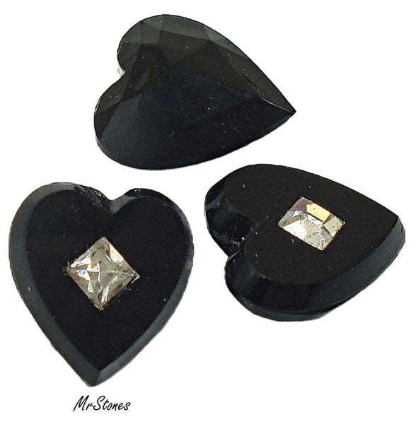 12x11mm Jet Black Heart with 3mm Crystal Square Rhinestone