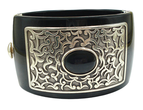 Chunky Lucite Clamper Bracelet Thick Black Ornate Accent