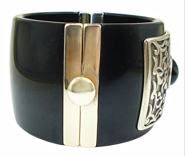 Chunky Lucite Clamper Bracelet Thick Black Ornate Accent