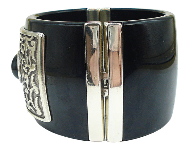 Chunky Lucite Clamper Bracelet Thick Black Ornate Accent
