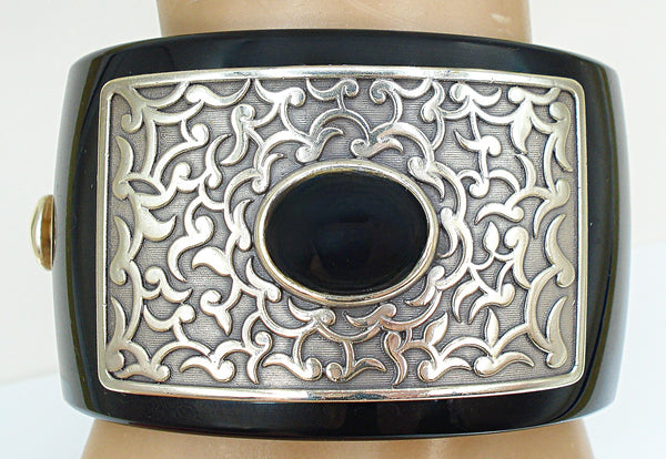 Chunky Lucite Clamper Bracelet Thick Black Ornate Accent