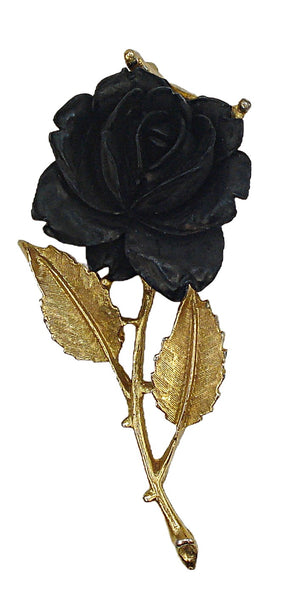 3" Brooch Black Celluloid? Rose Textured Gold Tone Stem Leaves