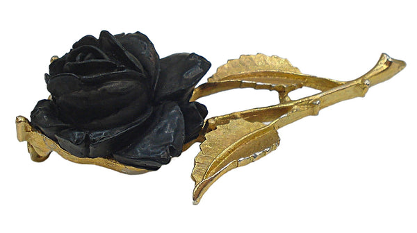 3" Brooch Black Celluloid? Rose Textured Gold Tone Stem Leaves