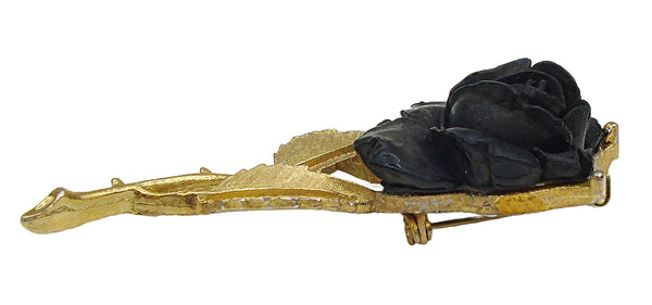 3" Brooch Black Celluloid? Rose Textured Gold Tone Stem Leaves