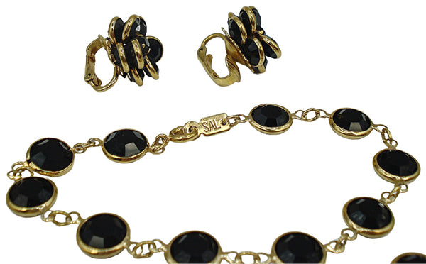 Set-SAL Jet Black Clear Channel Set Necklace Bracelet Earrings