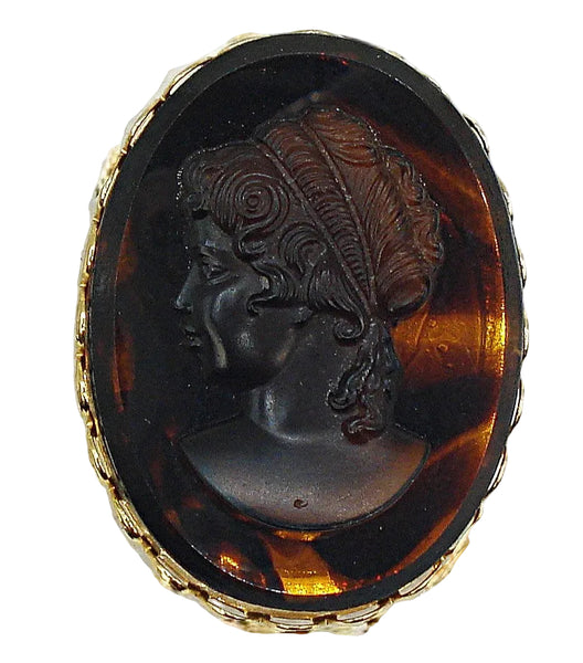 Brooch Victorian Revival Glass Tortoise Cameo Lady 1 3/4"