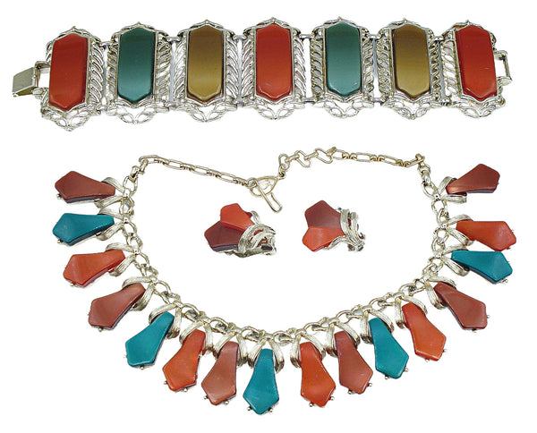 Pakula Parure Set Fall Colors Lucite Bracelet Necklace Earrings