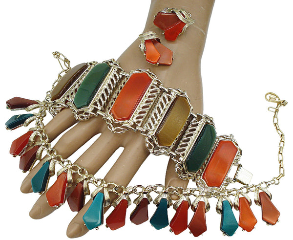 Pakula Parure Set Fall Colors Lucite Bracelet Necklace Earrings