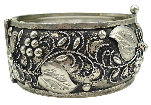 Embossed Hinged Bracelet Antiqued Silver Tone Detail Floral Vines