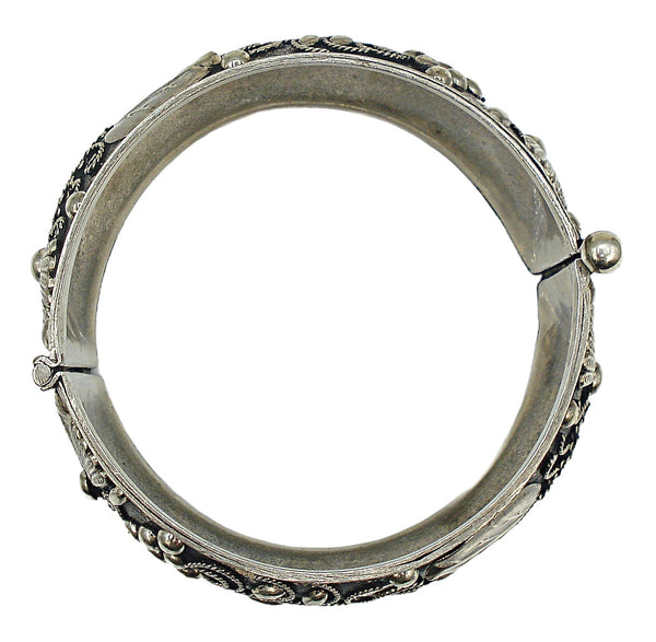 Embossed Hinged Bracelet Antiqued Silver Tone Detail Floral Vines