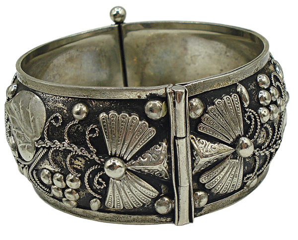 Embossed Hinged Bracelet Antiqued Silver Tone Detail Floral Vines