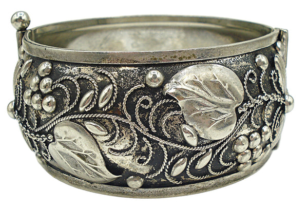 Embossed Hinged Bracelet Antiqued Silver Tone Detail Floral Vines