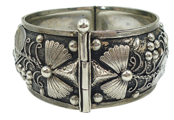 Embossed Hinged Bracelet Antiqued Silver Tone Detail Floral Vines
