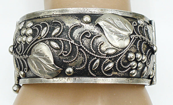 Embossed Hinged Bracelet Antiqued Silver Tone Detail Floral Vines