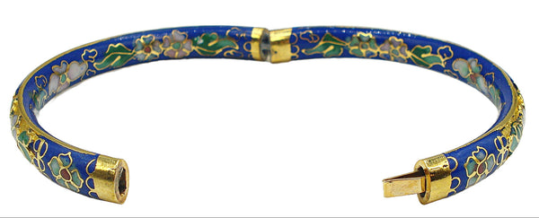 Bracelet Hinged Cloisonne Cobalt Assorted Enamel Flowers Inside and Out