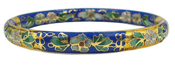 Bracelet Hinged Cloisonne Cobalt Assorted Enamel Flowers Inside and Out