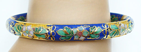 Bracelet Hinged Cloisonne Cobalt Assorted Enamel Flowers Inside and Out