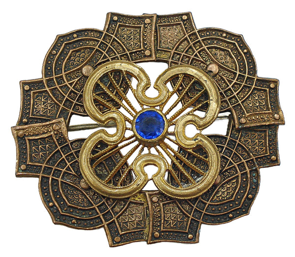 Antique? Brooch Detailed Gold Tone Center Sapphire Rhinestone 2 1/4"