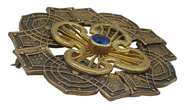 Antique? Brooch Detailed Gold Tone Center Sapphire Rhinestone 2 1/4"