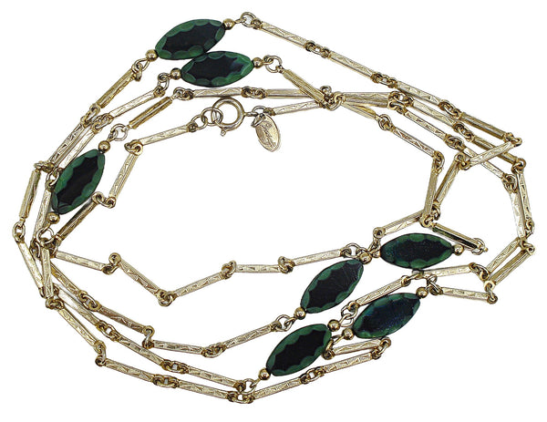 Corocraft Long Necklace 52" Gold Tone Green Black Glass Stones