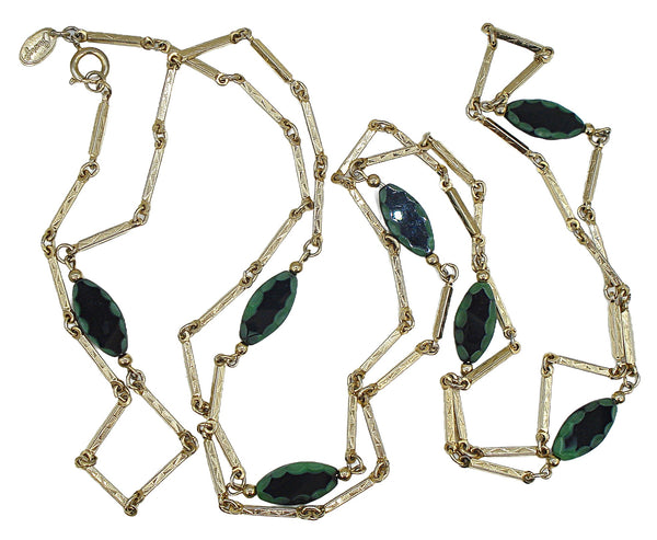 Corocraft Long Necklace 52" Gold Tone Green Black Glass Stones