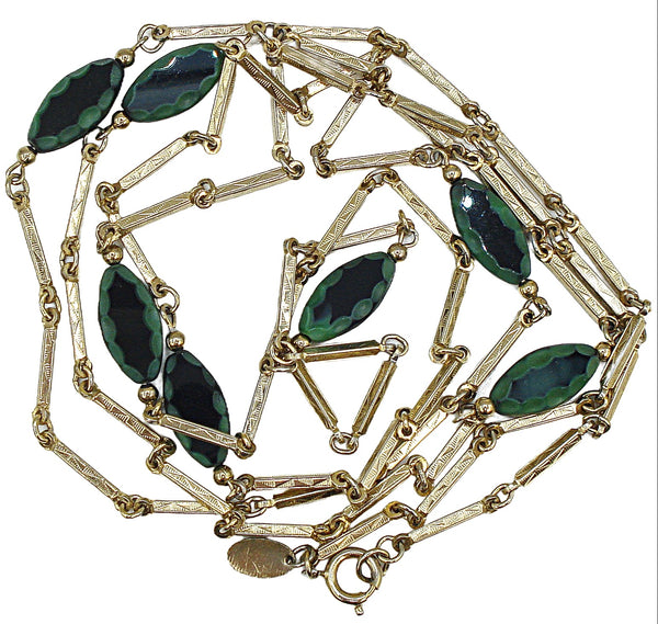 Corocraft Long Necklace 52" Gold Tone Green Black Glass Stones