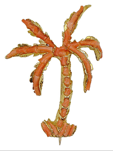 2" Palmtree Brooch with Natural Coral Pieces Gold Tone