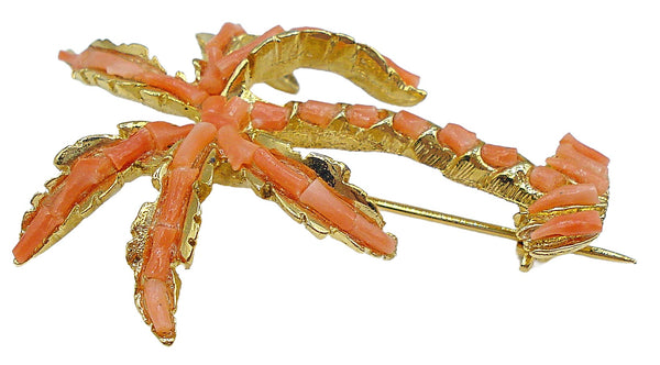 2" Palmtree Brooch with Natural Coral Pieces Gold Tone