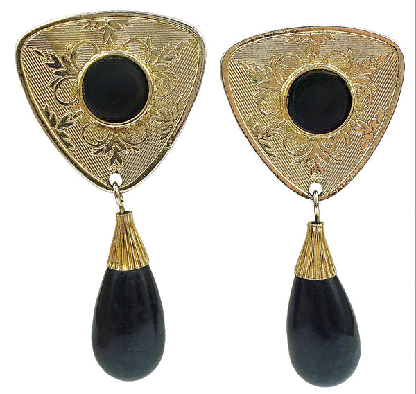 2 1/4" Earrings Etched Gold Tone Black Cabochon Pear Dangles