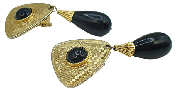 2 1/4" Earrings Etched Gold Tone Black Cabochon Pear Dangles