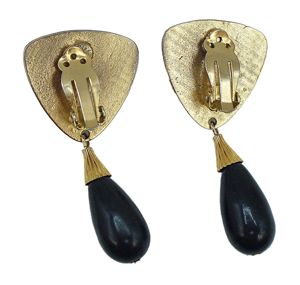2 1/4" Earrings Etched Gold Tone Black Cabochon Pear Dangles