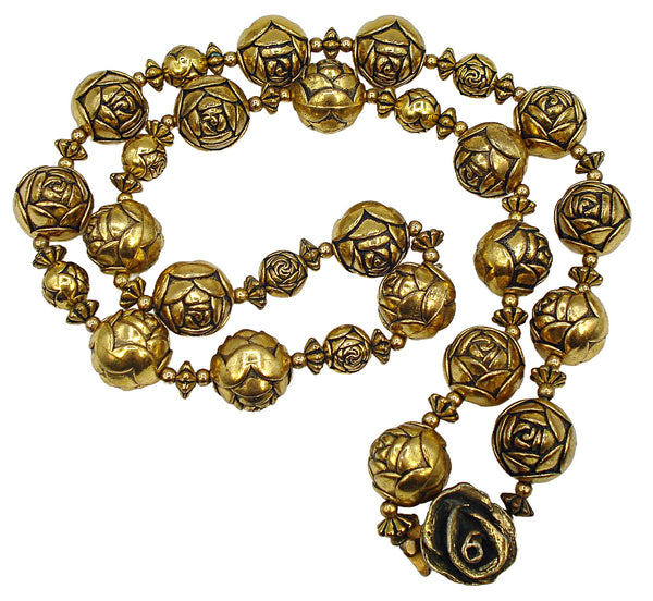 Necklace Antiqued Gold Tone Rose Beads 20" x 1/2"