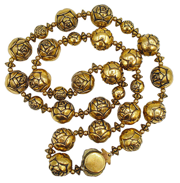 Necklace Antiqued Gold Tone Rose Beads 20" x 1/2"