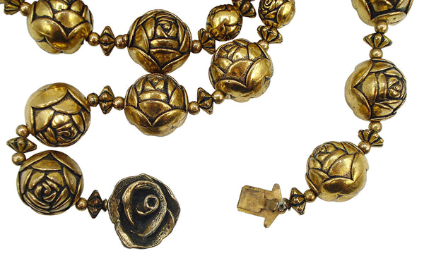 Necklace Antiqued Gold Tone Rose Beads 20" x 1/2"