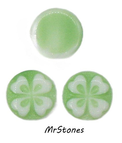 9mm (8.7mm) Round Cabochon Green with White 4 Leaf Clover Flower West German